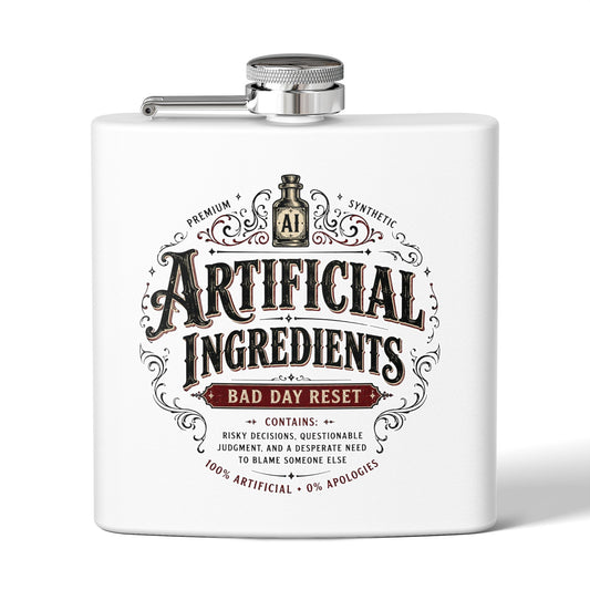Stainless Steel Flask — “Artificial Ingredients: Bad Day Reset” Vintage Label Flask, 6oz