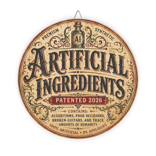 Artificial Ingredients Vintage Round Wood Sign – Humorous AI Patent Wall Décor