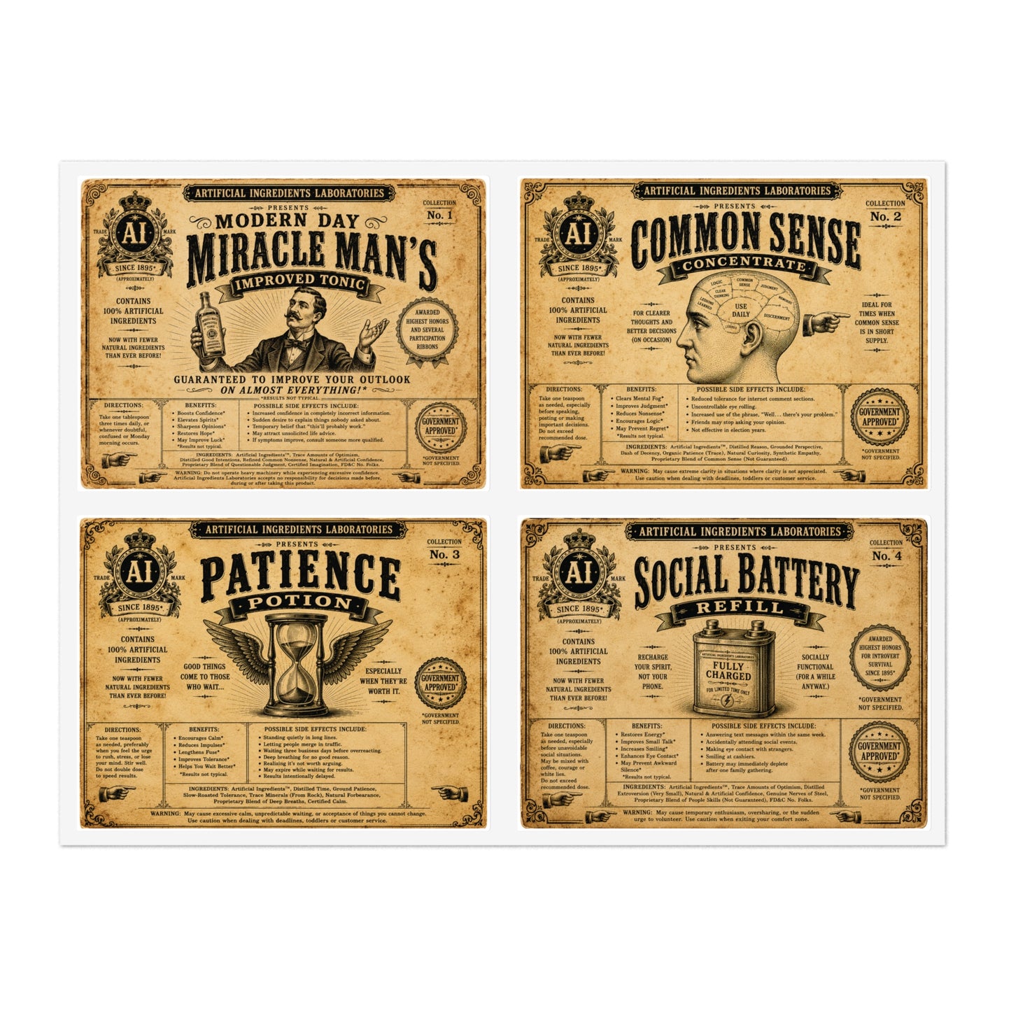 Artificial Ingredients Laboratories™ Collectible Apothecary Labels – Set No. 1 (4 Labels)